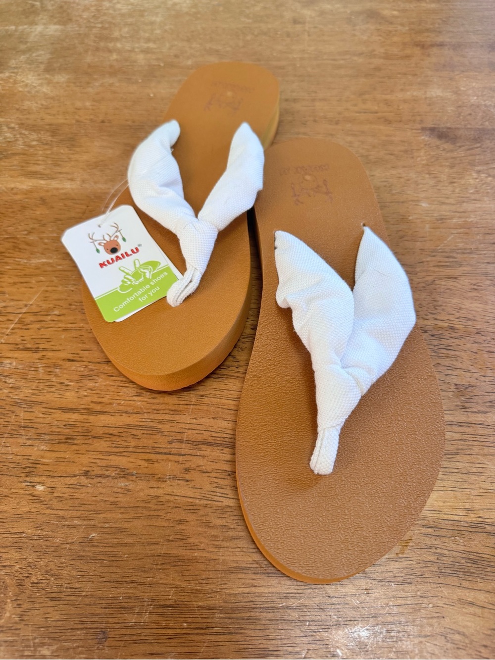 KUAILU White Fabric Strap Brown Platform Flip Flop Sandals for Women